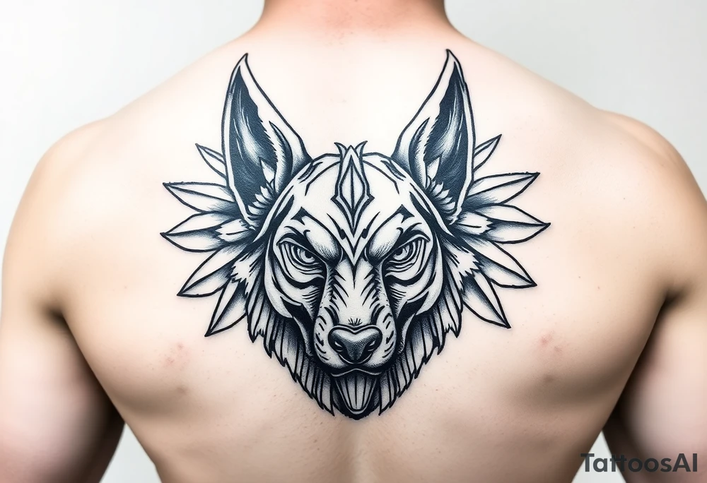 muscle Egyptian Anubis god face in Egypt style dog face tattoo idea