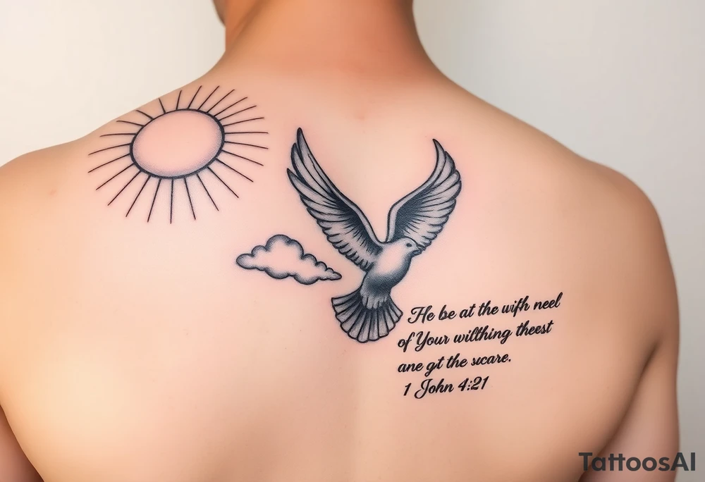 sun rays starting on shoulder going a bit onto chest and down arm with some clouds, mourning dove, bible verse 1 John 4:21 written on the bicep tattoo idea