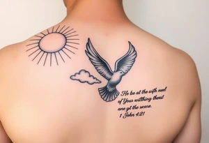 sun rays starting on shoulder going a bit onto chest and down arm with some clouds, mourning dove, bible verse 1 John 4:21 written on the bicep tattoo idea
