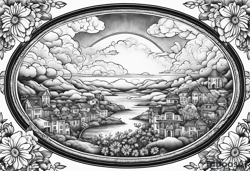 heaven town in circle vignette surrounded by clouds flowers tattoo idea heaven town in circle vignette surrounded by clouds flowers tattoo idea