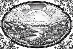 heaven town in circle vignette surrounded by clouds flowers tattoo idea
