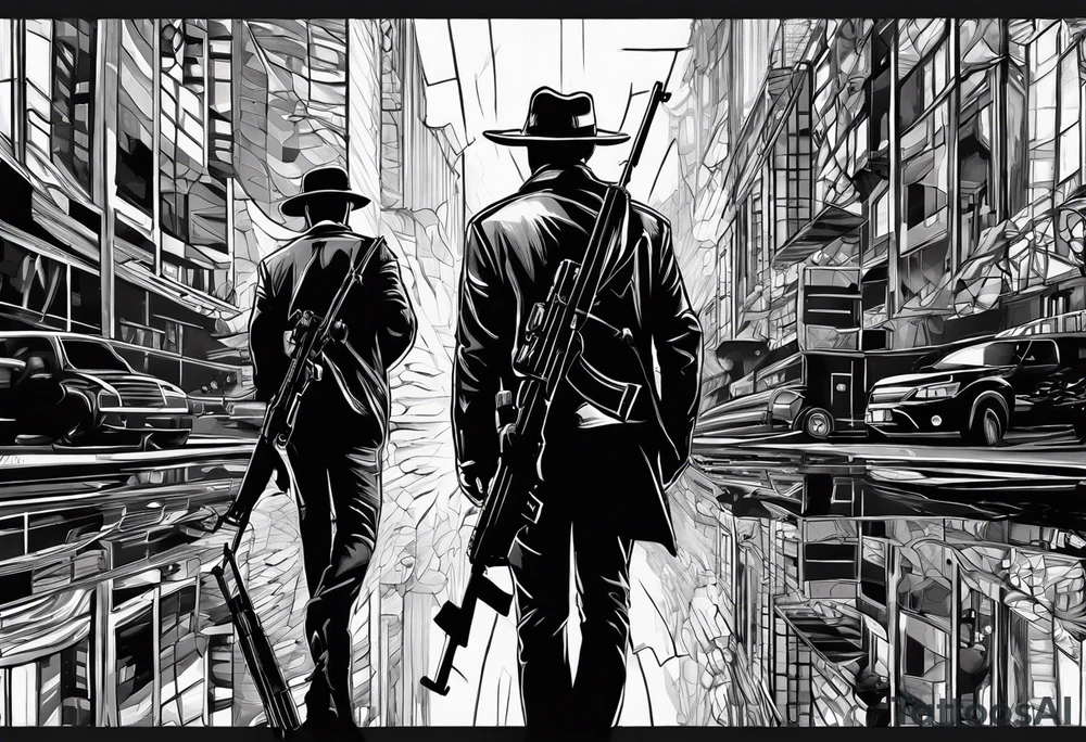 In the reflection of a eye two black siloets of people holding guns one man dead on the ground with a wounded woman standing behind him tattoo idea