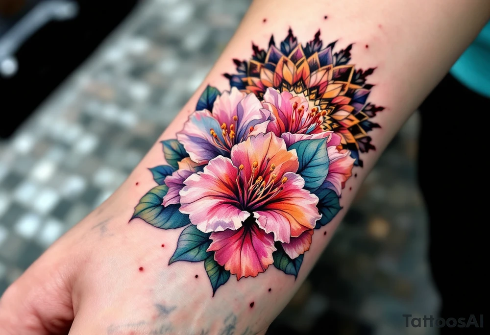 rhododendron trippy with mandala behind tattoo idea