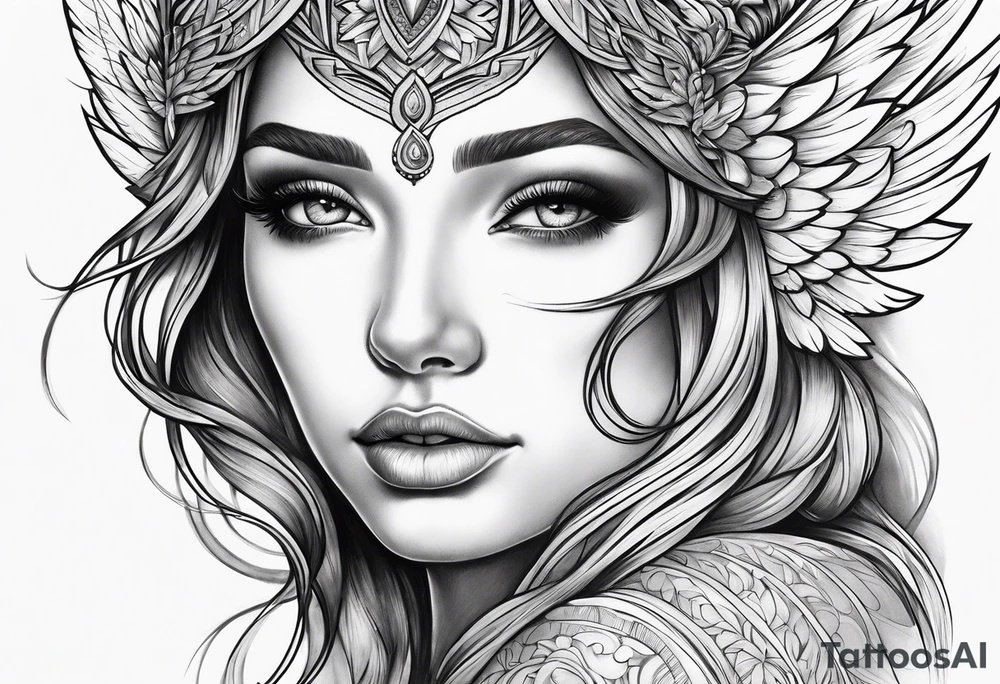 Mythical angelic woman face on arm tattoo idea