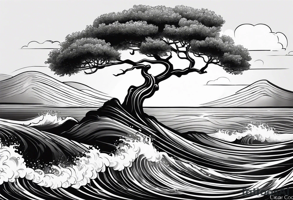 Olive tree into waves, ocean, sun for wrist tattoo idea