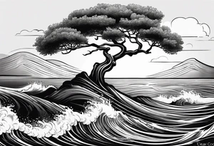 Olive tree into waves, ocean, sun for wrist tattoo idea