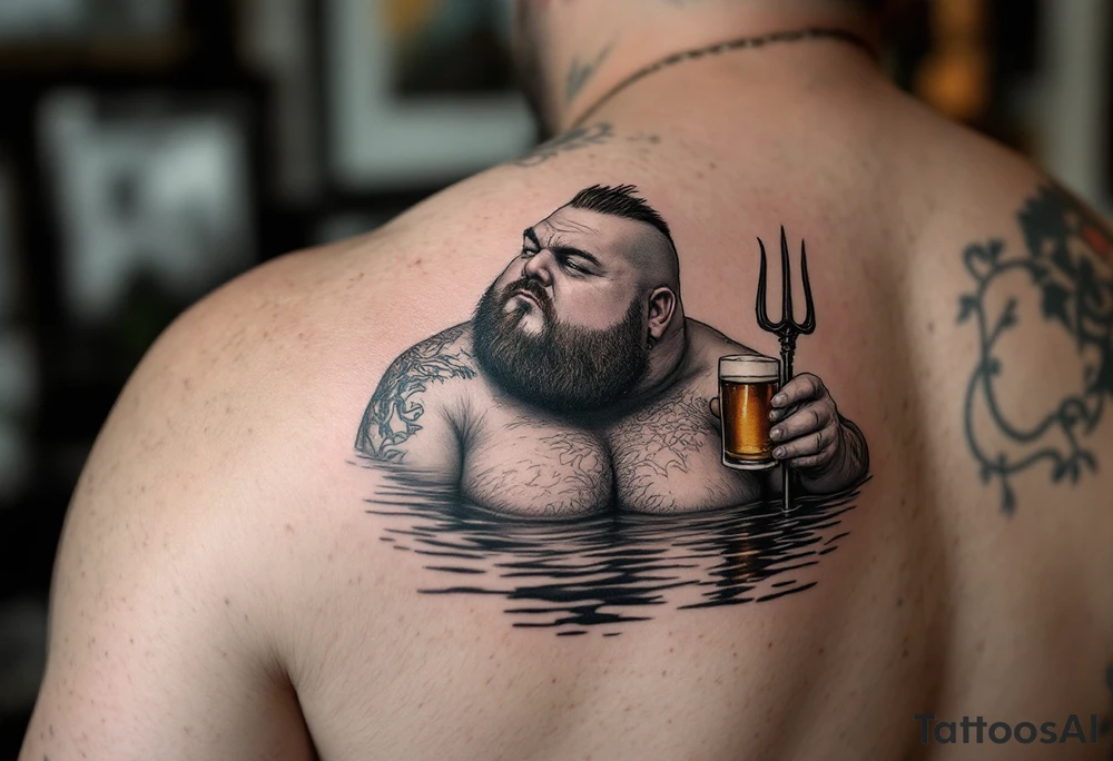 Gay fat guy, with trident, half way in calm water, with a beer tattoo idea