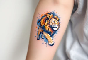 A fierce lion outlined in stardust white roams across a watercolor canvas of midnight blues and fiery oranges. tattoo idea