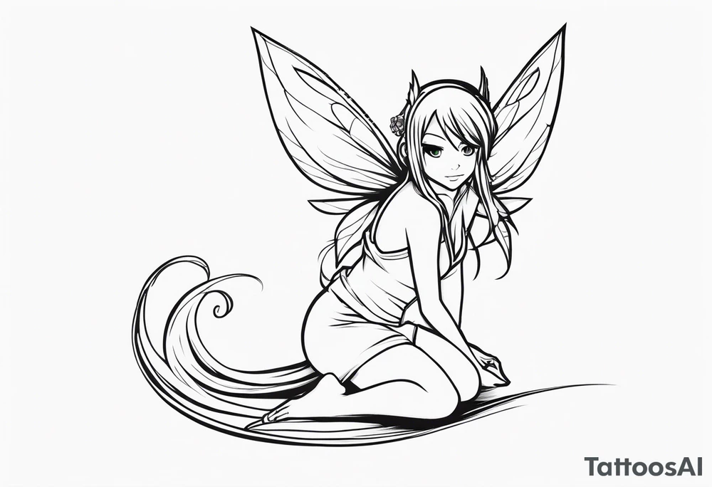 No color sketch of a fairy with a tail inspired by the guild symbol in the anime show called Fairy Tail in a fetal position leaning in and forward while crawled in tattoo idea