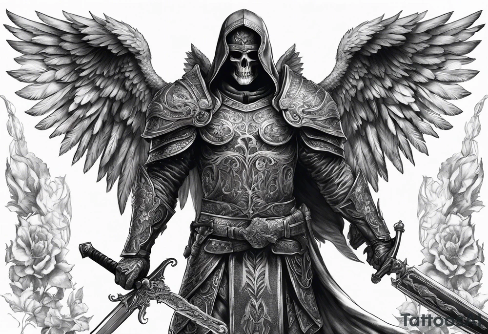 realistic full body of man angel of death, without face, with armour, holding sword in right hand tattoo idea