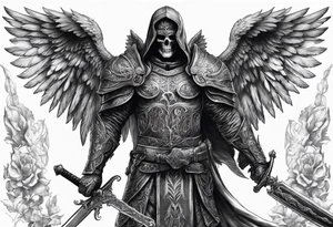 realistic full body of man angel of death, without face, with armour, holding sword in right hand tattoo idea