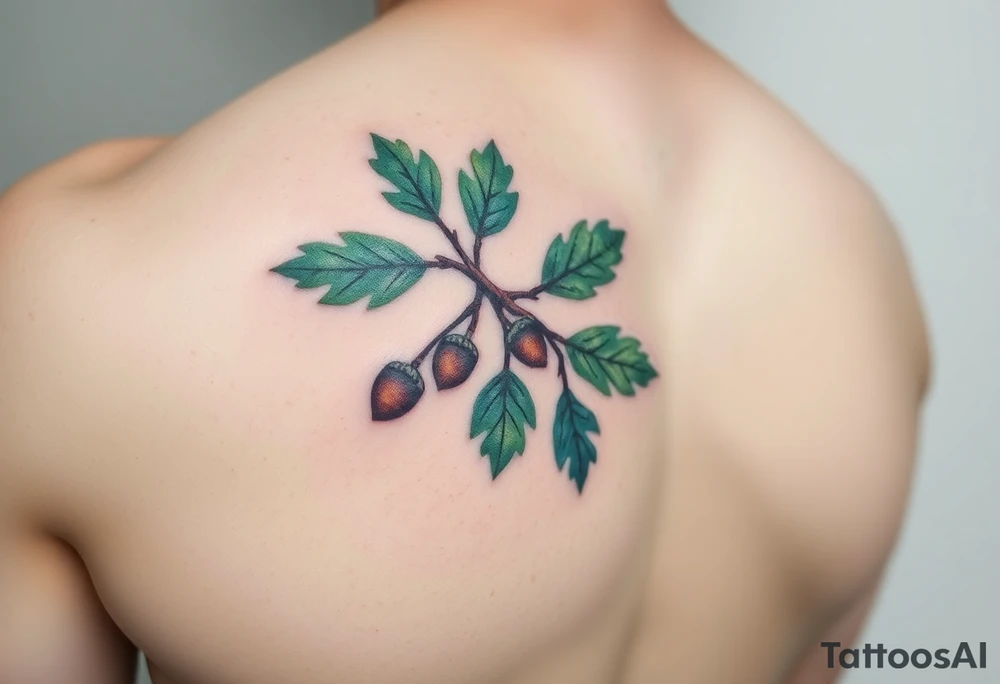 on the forearm an oak branch with thick leaves and acorns tattoo idea