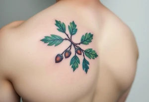 on the forearm an oak branch with thick leaves and acorns tattoo idea