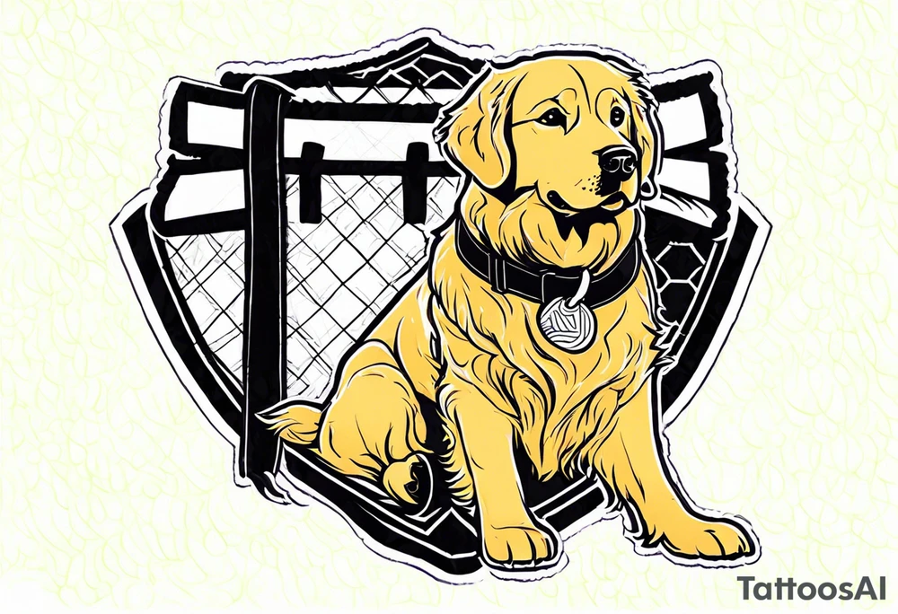 a golden retriever in a jujitsu gi including belt full body view tattoo idea