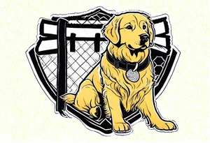 a golden retriever in a jujitsu gi including belt full body view tattoo idea