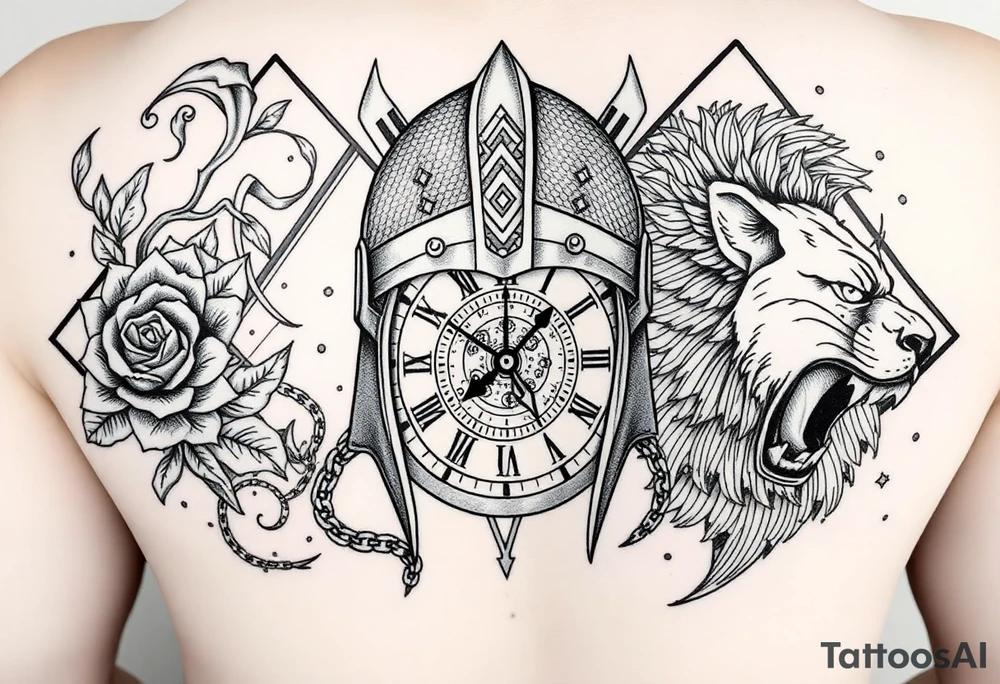 A detailed tattoo featuring a stylized warrior helmet with intricate textures and patterns. Behind it lies a shattered clock face with exposed gears and intertwined chains, symbolizing struggle with time and anxiety. Surrounding the helmet and clock are swirling smoke and wind patterns filled with fine details like leaves, feathers, and tribal motifs, representing resilience and growth. On one side, a blooming thorned rose or lotus flower symbolizes delicate strength and love. On the other side, a fierce roaring lion or wolf head embodies courage and protection. The background includes geometric shapes and dotwork to add depth and unify the design. The style combines bold linework with fine detail, dotwork, and shading for a powerful modern tattoo. tattoo idea