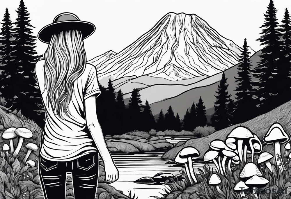 Straight long blonde hair hippie girl in distance holding mushrooms in hand facing away toward mountains and creek surrounded by mushrooms tee shirt and hiking pants tattoo idea