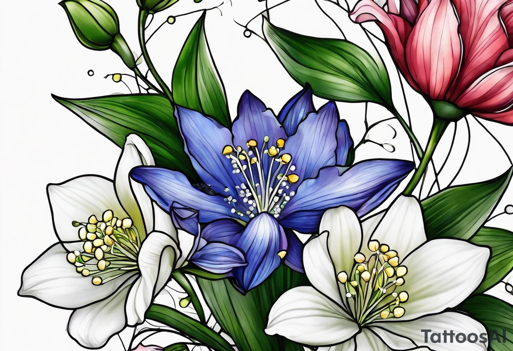 Larkspur, Lily of the valley, water, lily, Hawthorne, flower, carnation, snowdrop flower half sleeve tattoo idea