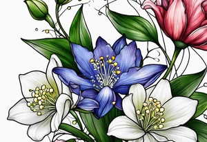 Larkspur, Lily of the valley, water, lily, Hawthorne, flower, carnation, snowdrop flower half sleeve tattoo idea