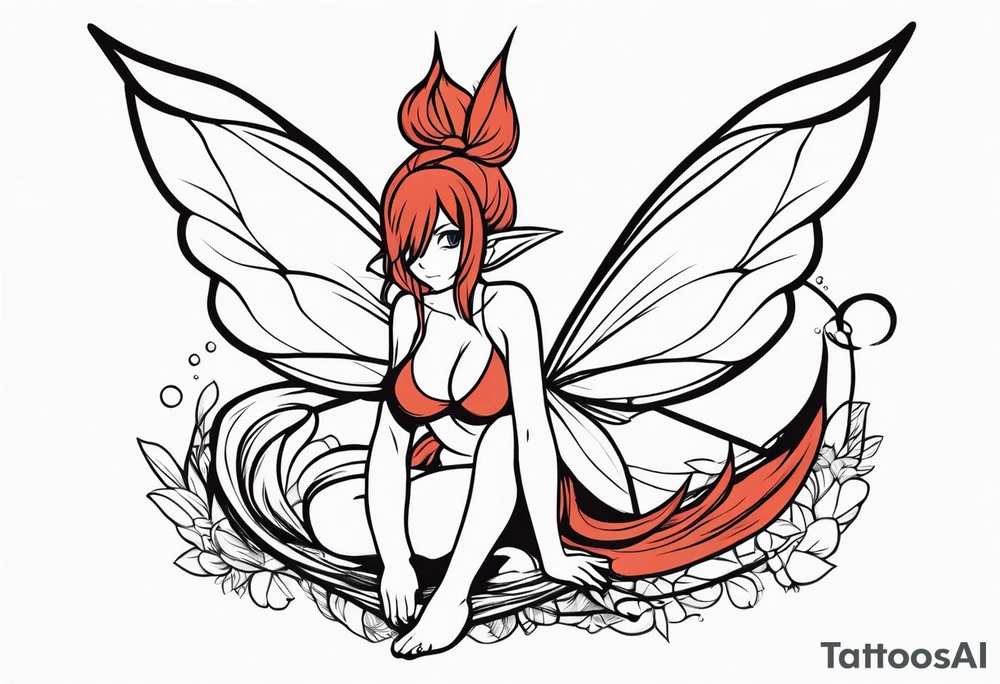 A fairy with a tail inspired by the logo of the show called Fairy Tail in a fetal position leaning in tattoo idea
