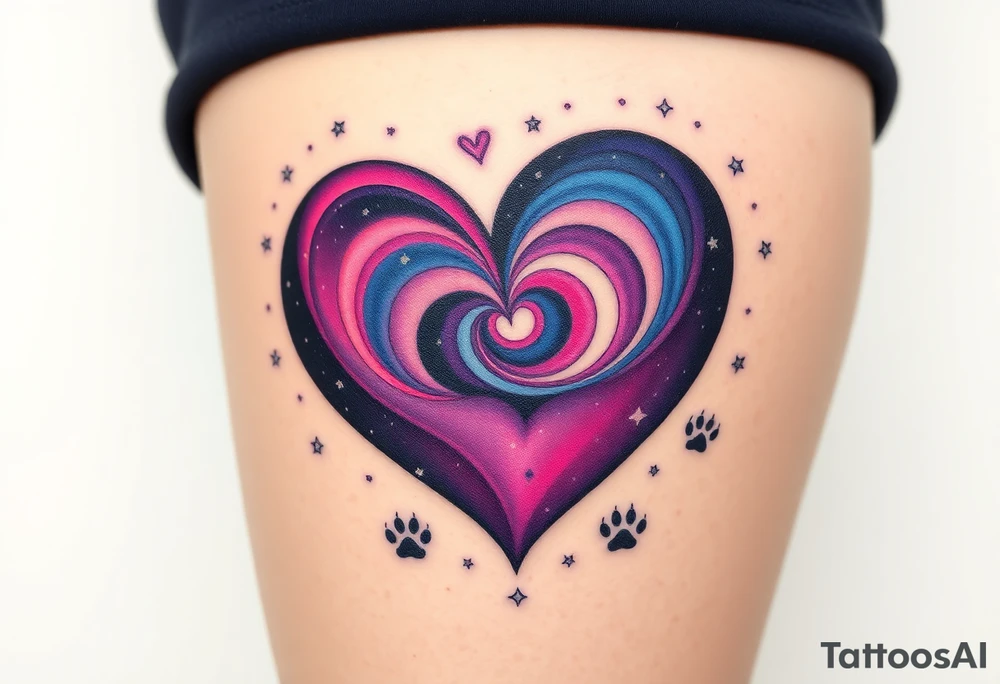 A galaxy-themed heart, filled with swirling deep purple, magenta, and navy blue, dotted with tiny white stars for a mesmerizing space feel and cat paw prints around tattoo idea