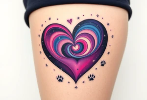 A galaxy-themed heart, filled with swirling deep purple, magenta, and navy blue, dotted with tiny white stars for a mesmerizing space feel and cat paw prints around tattoo idea