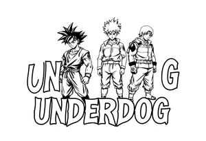 the word underdog in a with 3 anime characters Goku  and Naruto and ippo the boxig anime one standing in the middle one standing on the right and one standing on the left
 above the word tattoo idea