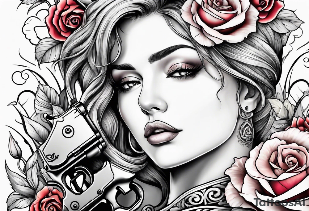 Beautiful angle with tattoos surrounded by roses holding a gun tattoo idea