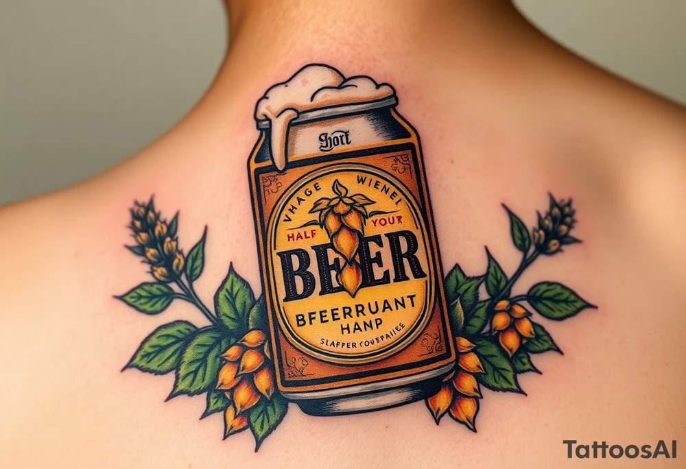 A vintage-style beer can with a retro label, featuring bold typography, a golden hop emblem, and subtle weathered textures. The can is slightly tilted, with frothy foam dripping over the top, and surrounded by barley stalks and hop vines in warm amber, deep green, and rustic brown tones tattoo idea