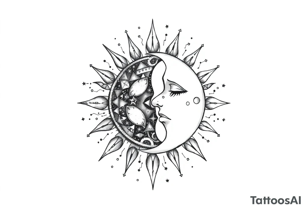 celestial sun and moon embrace with constellation patterns tattoo idea celestial sun and moon embrace with constellation patterns tattoo idea