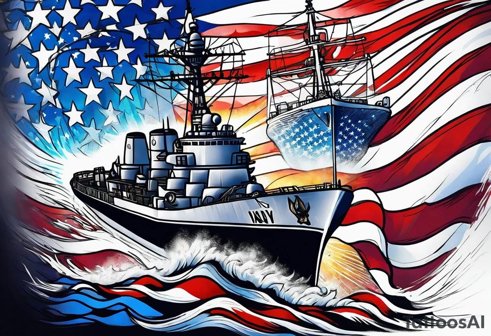 US Navy Ships and huge american flag sleeve tattoo idea
