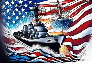 US Navy Ships and huge american flag sleeve tattoo idea