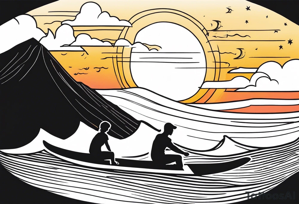 Black and white minimalist Line work tattoo depicting a father surfing with his two daughters.  The sunset and horizon have musical notes. tattoo idea