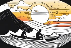 Black and white minimalist Line work tattoo depicting a father surfing with his two daughters.  The sunset and horizon have musical notes. tattoo idea
