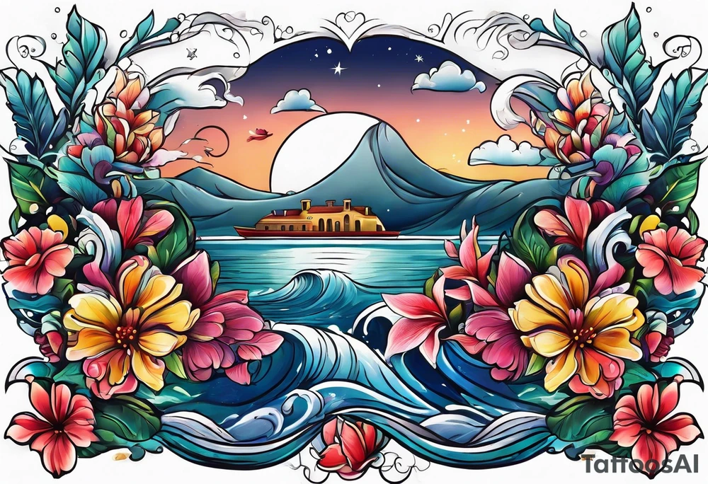 sea, night, flower, republic dominicana tattoo idea