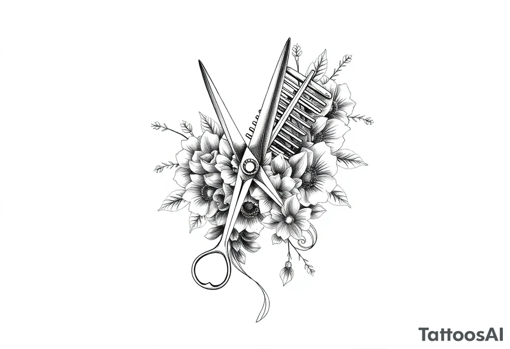 Ornate scissors and comb wrapped around flowers and hair tattoo idea