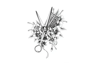 Ornate scissors and comb wrapped around flowers and hair tattoo idea