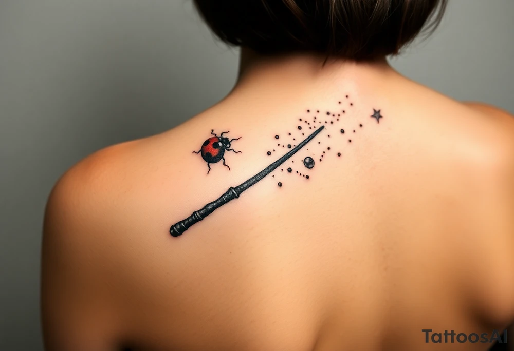 A ladybug getting out of hermione's magic wand like it was a spell. Magic dust all around the wand that looks almost smoky. I also want some small details around it that would make a piggyback on harry potter's movie like harry's glasses, a lightning, the golden snitch, etc... tattoo idea