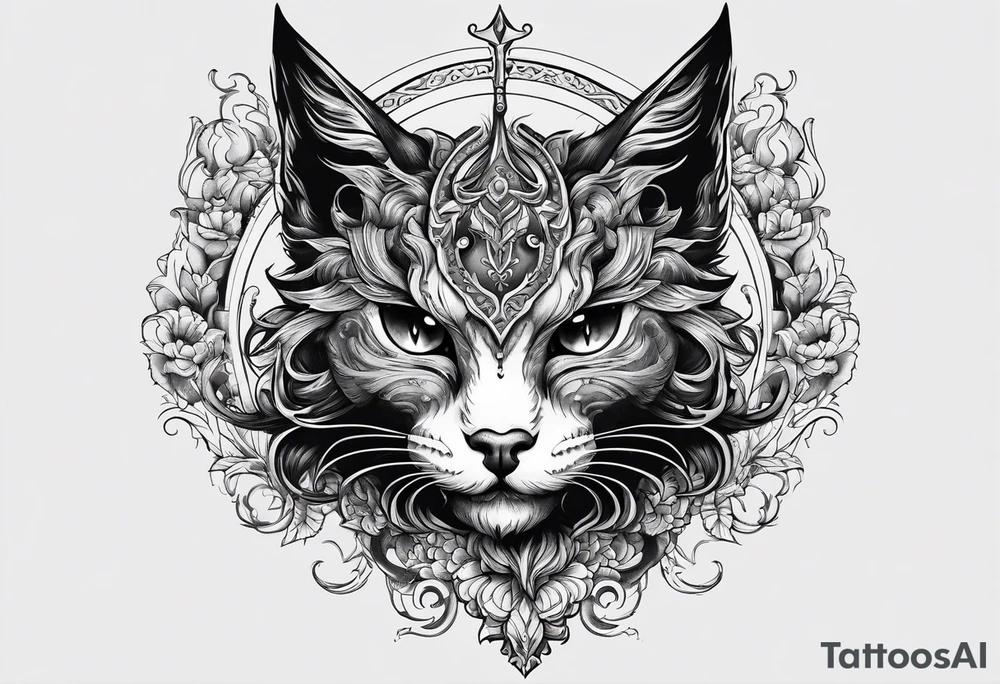 Demon cat with horns on its head tattoo idea