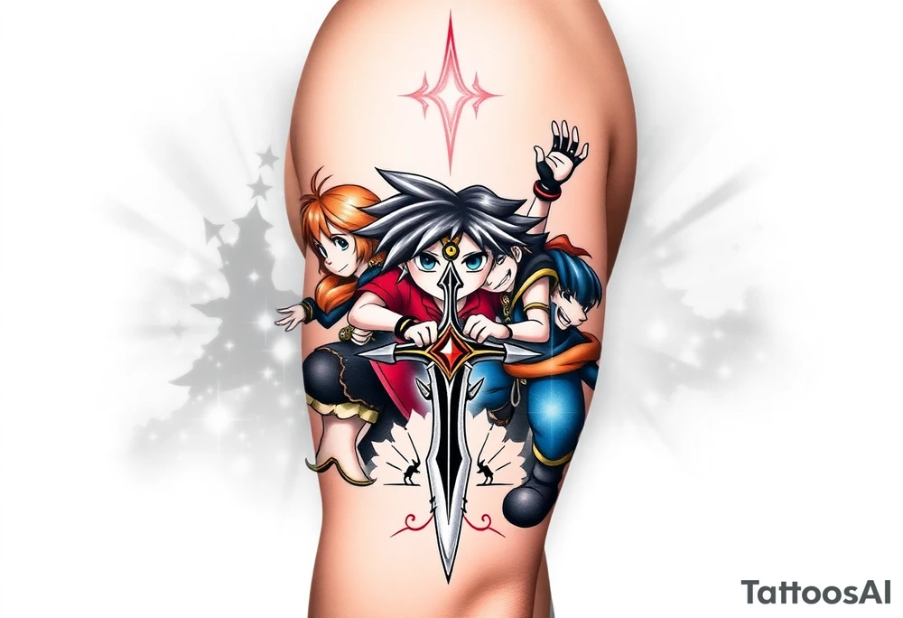 Kingdom Hearts tattoo design featuring sora, kairi, riku, donald and goofy from the game, together in a dynamic, united pose. The centerpiece should include the soras Keyblade, with a beautiful and ethereal dark Kingdom Hearts-inspired background—think glowing stars, floating islands, and stained-glass elements in backroung. The design should capture themes of friendship, light vs. darkness, and adventure. Style should be detailed, fantasy-oriented, and suitable for a large piece tattoo idea