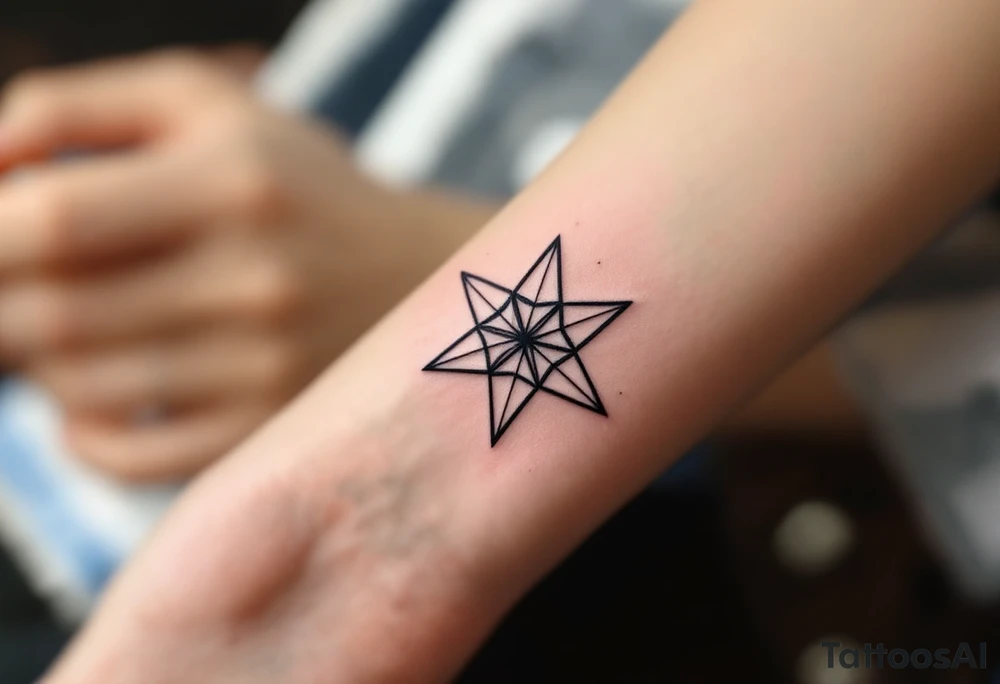 A bold black eight-pointed star tattoo symbolizes balance and cosmic order. tattoo idea
