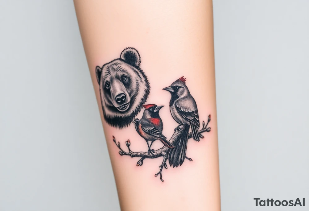 Realistic Woodland with a bear, woodpecker and cardinal tattoo idea