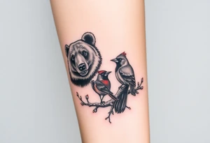 Realistic Woodland with a bear, woodpecker and cardinal tattoo idea