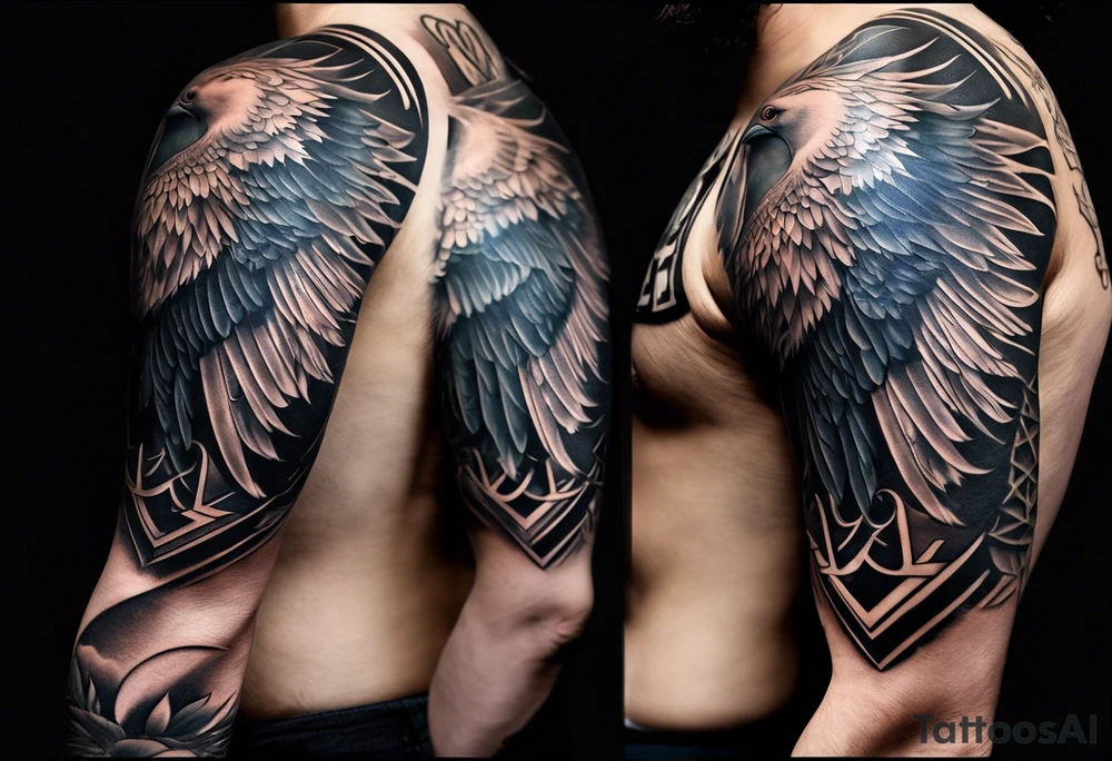 A full tattoo sleeve with a strong, masculine design, featuring a central motif of a majestic dove in flight, symbolizing peace and freedom. The dove is depicted with detailed feathers and dynamic movement, making it the focal point of the sleeve. Positioned subtly yet prominently, an intricately detailed eye within an equilateral triangle is incorporated into the design, representing the all-seeing eye or third eye. This eye is carefully shaded to blend seamlessly with the overall design, providing a symbolic layer without overshadowing the dove. Surrounding these elements, incorporate roses and leaves, rendered with rich, deep shading to create a cohesive and elegant backdrop. The roses, symbolizing beauty and resilience, and the leaves, adding a touch of natural grace, weave around the dove and eye, creating a harmonious and integrated look. The design features bold shading and contrasts, enhancing the details of both the dove and the floral elements, resulting in a powerful and balanced masculine sleeve with a blend of symbolic and artistic depth. tattoo idea