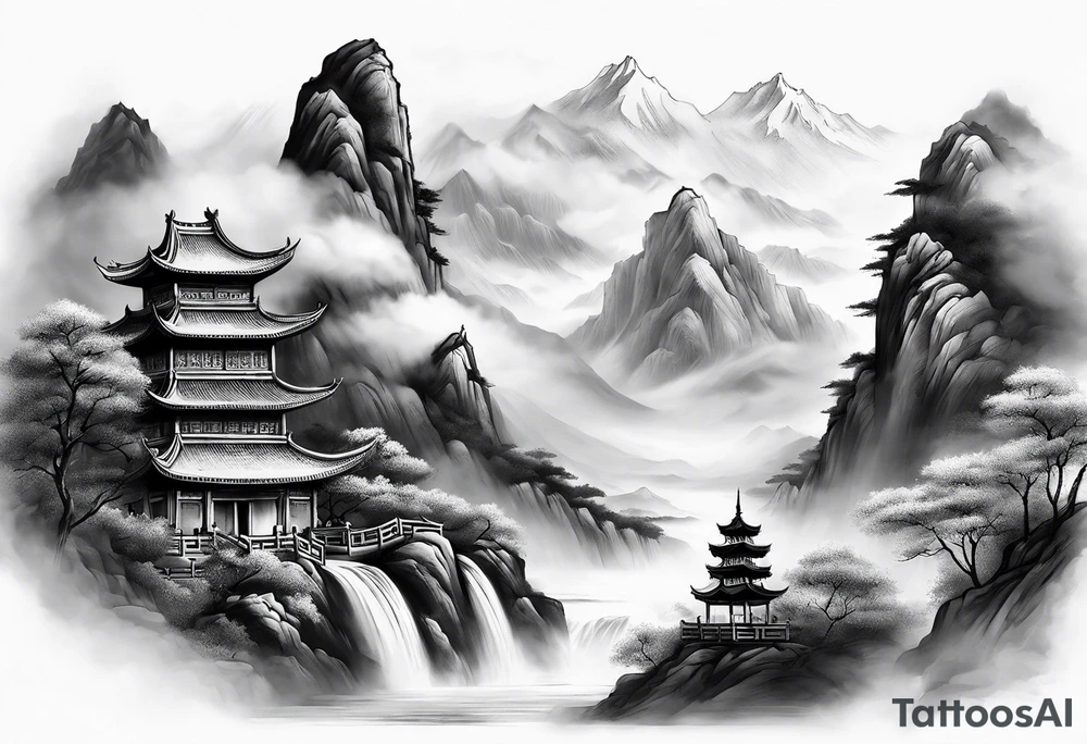 forearm sleeve traditional chinese art painting style mountains mist fog waterfall Chinese temple two old men wearing robes and drinking tea tattoo idea