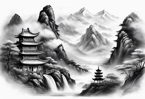forearm sleeve traditional chinese art painting style mountains mist fog waterfall Chinese temple two old men wearing robes and drinking tea tattoo idea