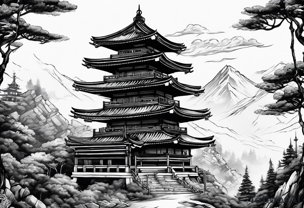 tower with ronin climbing the stairs tattoo idea