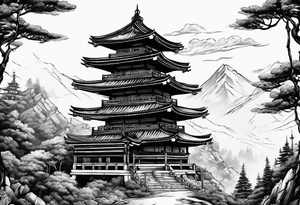 tower with ronin climbing the stairs tattoo idea