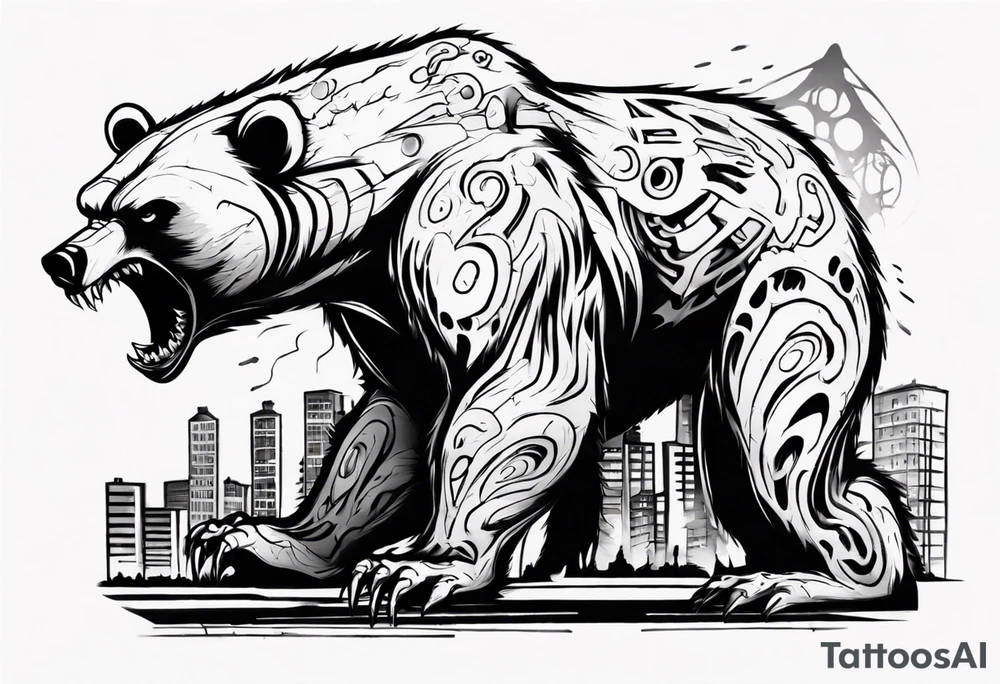 Angry bear coming up behind a city tattoo idea
