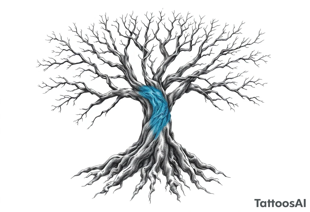 Black and white Tree with roots. Blue water inside the whole tree like veins tattoo idea